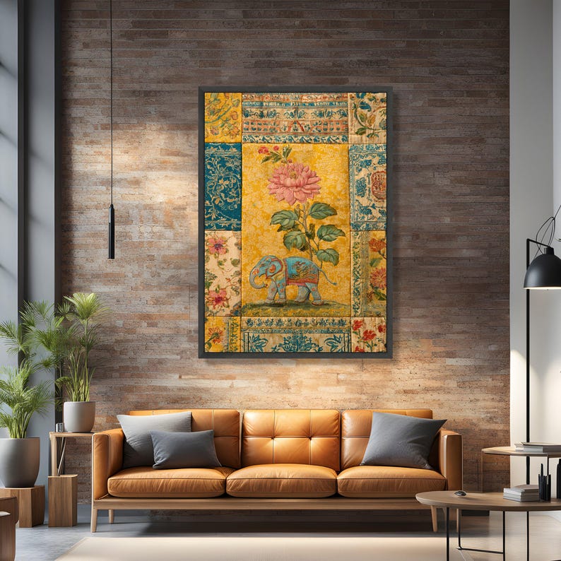 Vintage Indian Elephant Canvas Wall Art, Floral Pattern Canvas, Bohemian Style Home Decor, Traditional Textile Design Print, Colorful Wall image 2