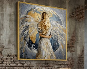 Angelic Figure with Flowing Hair, World Globe Background Canvas, Spiritual Wall Art, Contemporary Angel Painting, Inspirational Home Decor