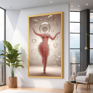 Può includere: Un'opera d'arte incorniciata raffigurante una figura composta da bolle rosse, con le braccia tese e una testa a forma di bolla. L'opera è ambientata su uno sfondo neutro con bolle fluttuanti, in una cornice dorata.