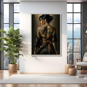 Tattooed Samurai Woman Canvas Wall Art, Floral and Eagle Back Tattoo, Japanese Kimono Style, Warrior Theme Canvas, Home Decoration Art Print image 4