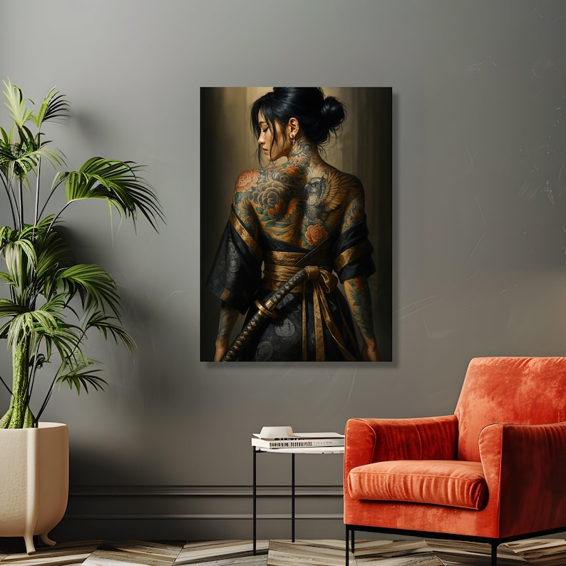 Tattooed Samurai Woman Canvas Wall Art, Floral and Eagle Back Tattoo, Japanese Kimono Style, Warrior Theme Canvas, Home Decoration Art Print image 6