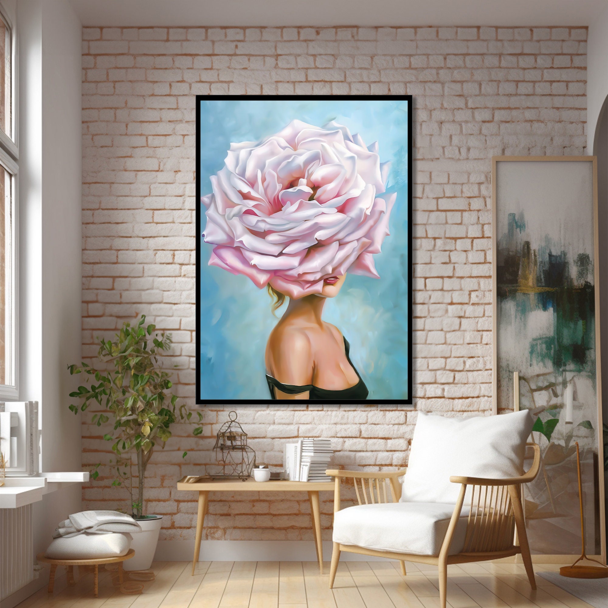 Elegant Modern Woman With Flower Head Canvas Digital Print Art - Unique ...