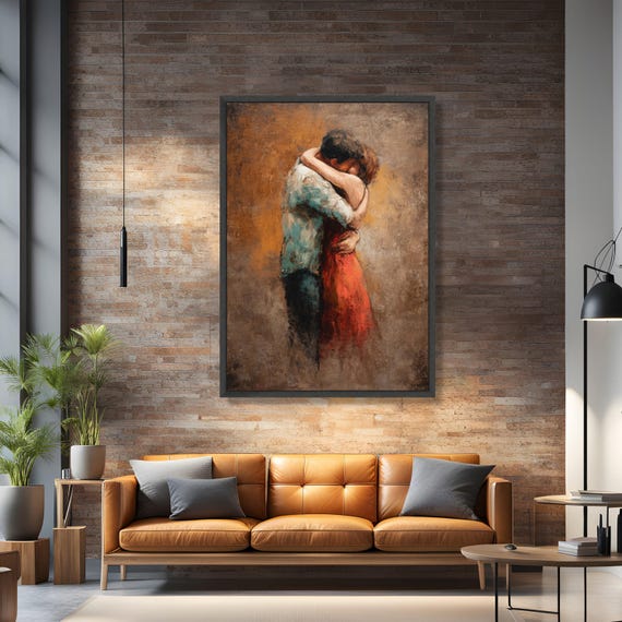 ロマンチックな抱擁のキャンバス壁アート、カップルのハグの絵画、親密