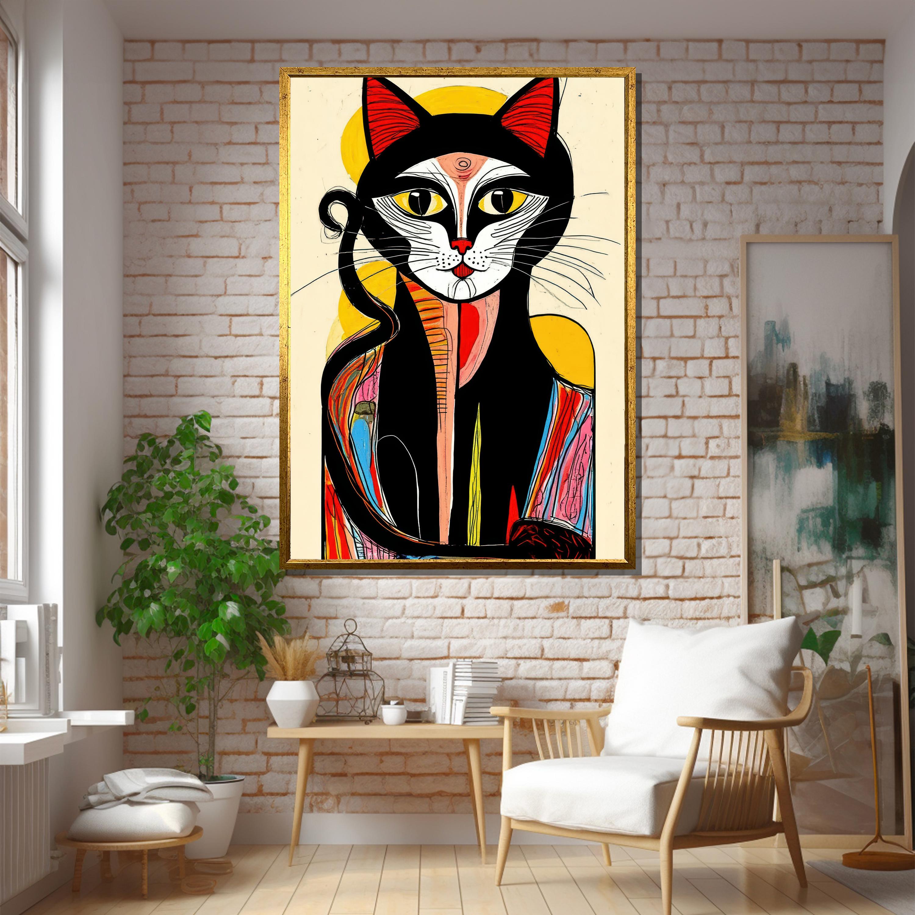 Abstract Mystical Cat Canvas – Bold Colorful Feline Wall Art – Framed (Black, White, Gold, Silver), Stretched Wood or Rolled