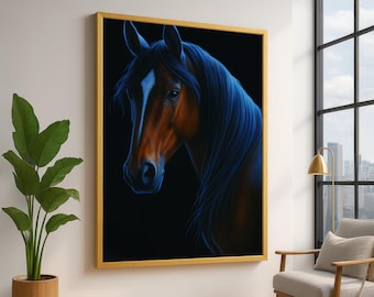 Majestic Brown Horse Canvas Wall Art, Blue Highlight Equine Portrait, Animal Artwork for Home Décor, Large Horse Canvas Painting