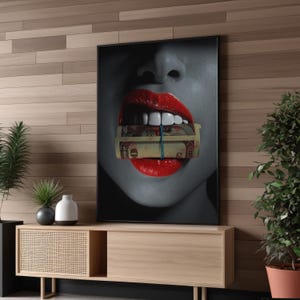 Bold Lips Holding Money Canvas Art Print – Modern Pop Art Style Wall Decor for Living Room or Office