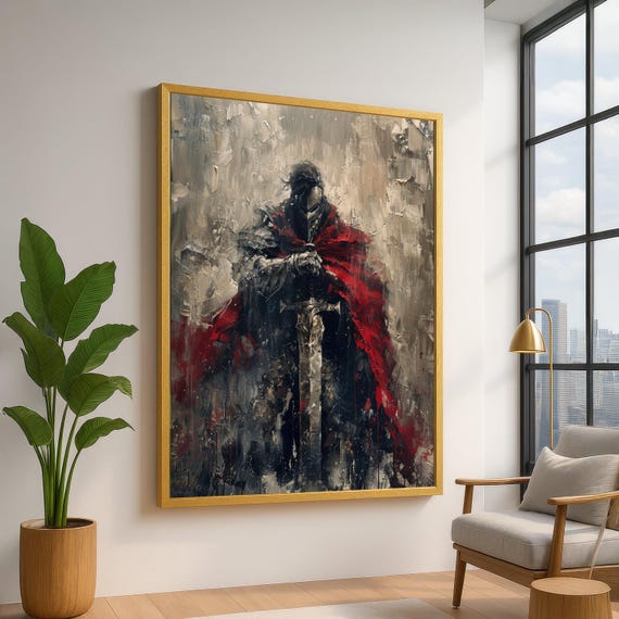 Dark Medieval Knight Canvas Wall Art, Red Cloak Warrior Fantasy Armor Decor, Sword and Helmet Canvas, Dramatic Wall Art for Home