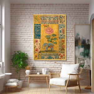Vintage Indian Elephant Canvas Wall Art, Floral Pattern Canvas, Bohemian Style Home Decor, Traditional Textile Design Print, Colorful Wall image 3