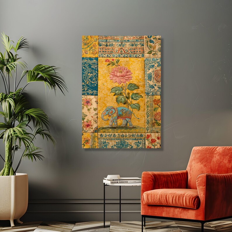 Vintage Indian Elephant Canvas Wall Art, Floral Pattern Canvas, Bohemian Style Home Decor, Traditional Textile Design Print, Colorful Wall image 6