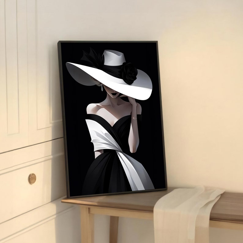 Elegant Modern Canvas Art Print of Stylish Woman in Black and White ...