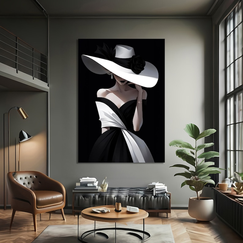Elegant Modern Canvas Art Print of Stylish Woman in Black and White ...