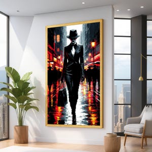 Donna elegante in abito nero e cappello, scena notturna di strada cittadina su tela, arte della moda urbana, riflessi di una sera piovosa, decorazione murale moderna, chic