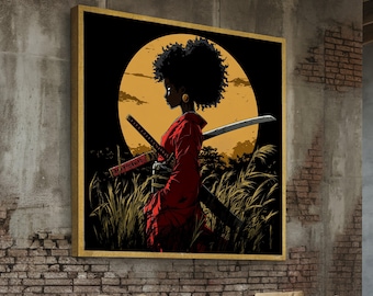 Afro Samurai Frau Leinwand Wandkunst, Afro Mädchen mit Katana, Samurai Schwert Illustration, Roter Kimono Leinwand, Bold Charakter Art, moderner Krieger