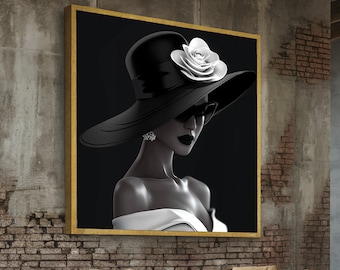 Elegant Black and White Fashion Portrait, Woman in Wide Brim Hat Canvas, Chic Wall Art, Stylish Home Decor, Modern Glamour Canvas Print