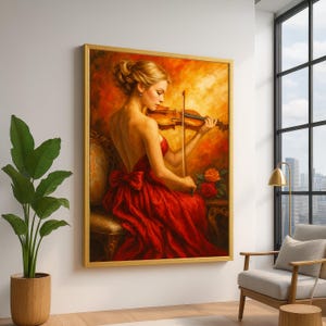 Elegant Woman Playing Violin Canvas, Red Dress Musician Art, Classical Instrument Wall Decor, Romantic Interior Painting, Musical Canvas