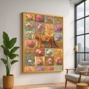 May include: A framed artwork featuring a tiger and floral patterns. The tiger is orange and black, set against a backdrop of colourful floral squares. The gold frame adds a touch of elegance to the artwork.