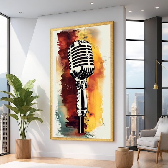 Vintage Microphone Canvas Wall Art, Retro Music Decor, Acoustic