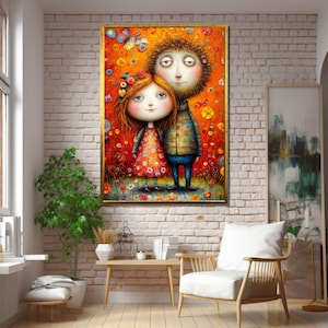 Pareja caprichosa en un paraíso floral: impresión artística en lienzo de amor de fantasía, enmarcada (negro, blanco, dorado, plateado), estirada en madera o enrollada.