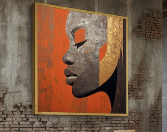 Abstract Female Profile Canvas, Metallic Face Wall Art, Modern Orange and Gold Canvas Decor, Contemporary Portrait Painting
