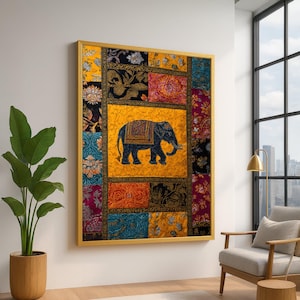 Peut inclure: Une œuvre d'art encadrée avec un motif patchwork et un motif d'éléphant. L'œuvre présente un mélange de couleurs vives, dont le jaune, le bleu, le rouge et le noir, avec un cadre doré. L'éléphant est un élément central.