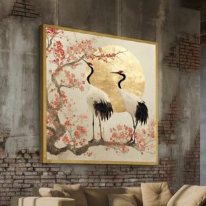 Elegant Japanese Cranes Canvas Wall Art, Cherry Blossom Tree with Gold Sun, Asian Style Nature Decor, Tranquil Bird Painting, Ready to Hang