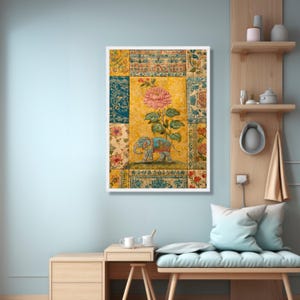 Vintage Indian Elephant Canvas Wall Art, Floral Pattern Canvas, Bohemian Style Home Decor, Traditional Textile Design Print, Colorful Wall image 5