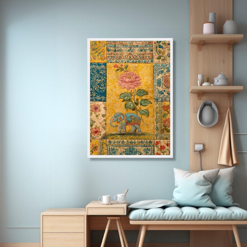 Vintage Indian Elephant Canvas Wall Art, Floral Pattern Canvas, Bohemian Style Home Decor, Traditional Textile Design Print, Colorful Wall image 5