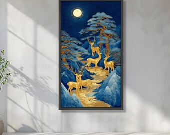 月明かりの森の黄金の鹿、青と金の風景キャンバス、神秘的な自然の