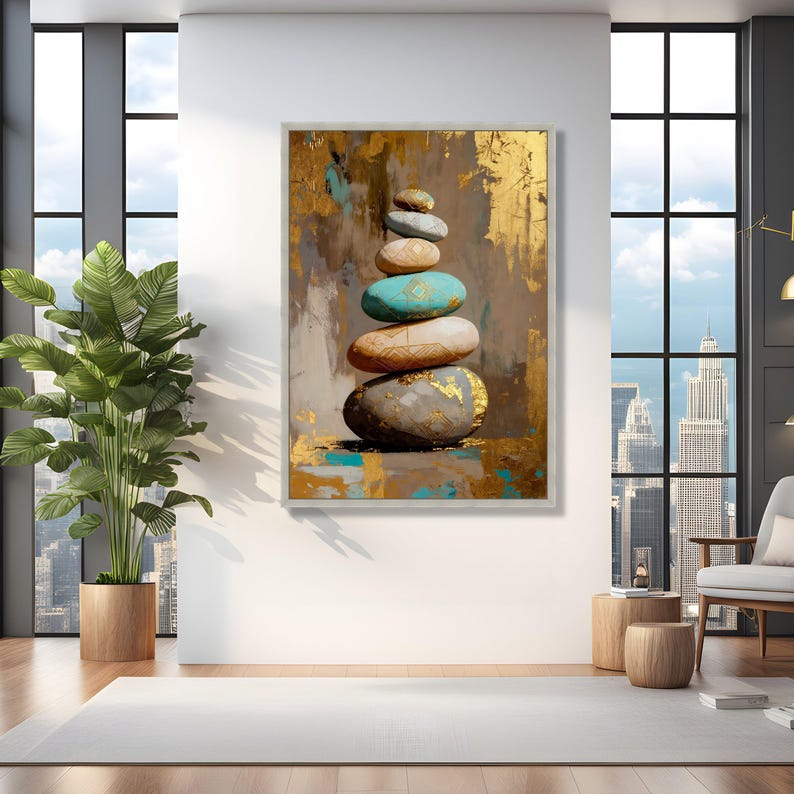 Zen Stone Stack Canvas Wall Art, Abstract Balanced Rocks Gold Leaf ...