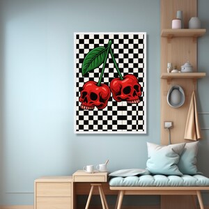 Cerezas de calavera roja audaces, lienzo con estampado de cuadros, decoración de pared vanguardista, diseño gráfico moderno, lienzo estilo pop art, listo para colgar imagen 5