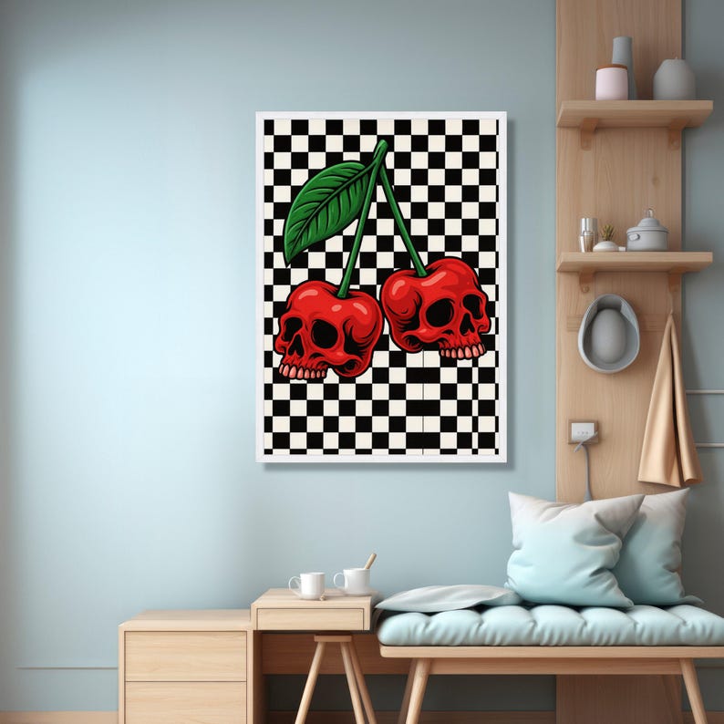 Cerezas de calavera roja audaces, lienzo con estampado de cuadros, decoración de pared vanguardista, diseño gráfico moderno, lienzo estilo pop art, listo para colgar imagen 5