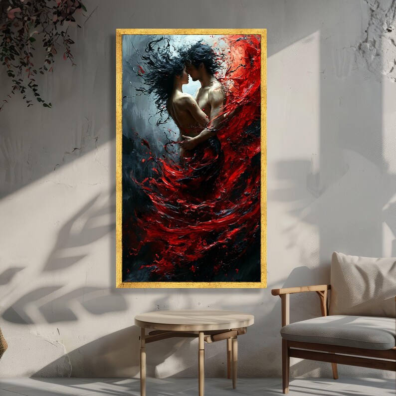 Passionate Embrace Couple Canvas, Abstract Red and Black Swirl Art, Romantic Wall Art, Sensual Home Decor, Contemporary Canvas image 2