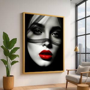 Dramatic Black and White Portrait, Red Lips Canvas Wall Art, Fashion Photography Print, Modern Glamour Decoration, Stylish Home Accent
