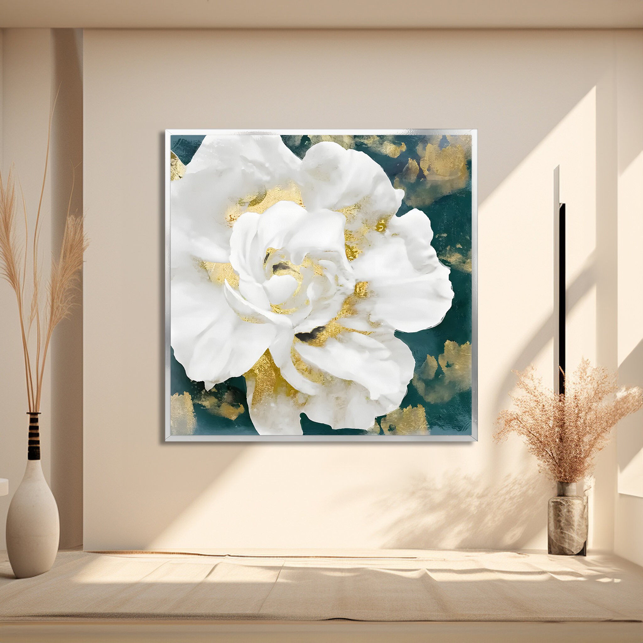 Elegant White Flower With Gold Accents Painting - Canvas Print Modern ...