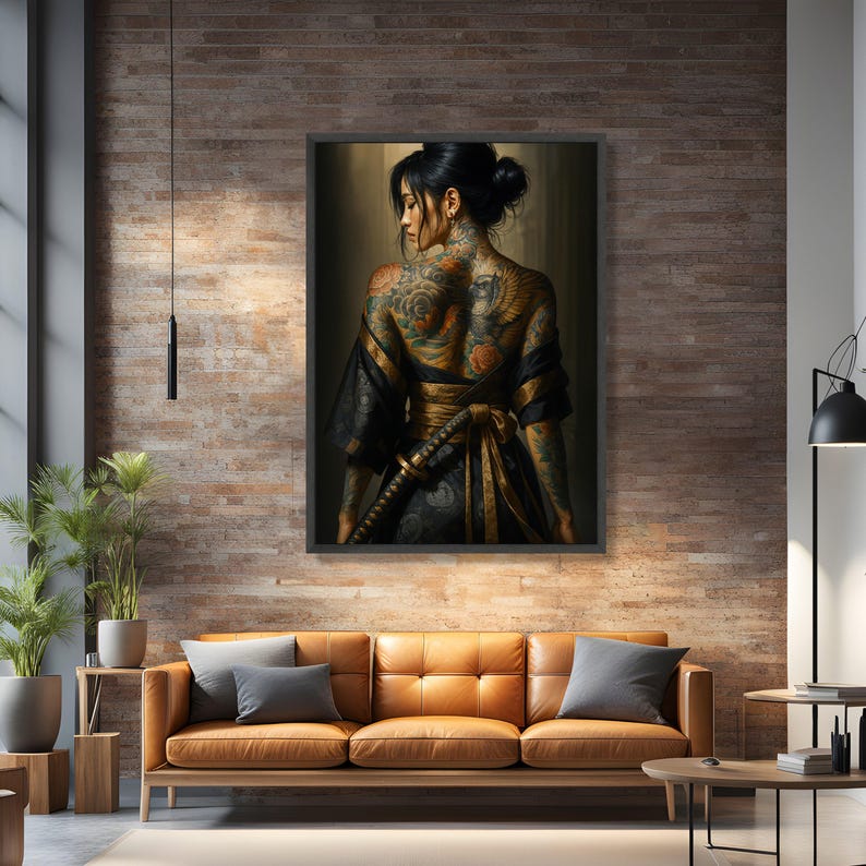 Tattooed Samurai Woman Canvas Wall Art, Floral and Eagle Back Tattoo, Japanese Kimono Style, Warrior Theme Canvas, Home Decoration Art Print image 2