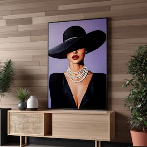 Chic Woman in Black Hat with Pearls – Framed or Unframed Canvas Art Print for Glamorous Bedroom or Living Room Decor