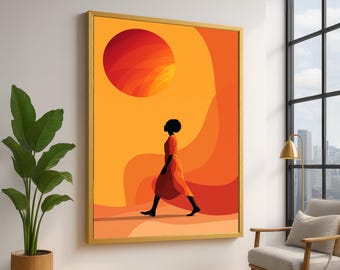 Modern Silhouette Woman Walking Canvas, Abstract Sun Art, Orange and Red Wall Decor, Minimalist Female Figure Canvas, Vibrant Home