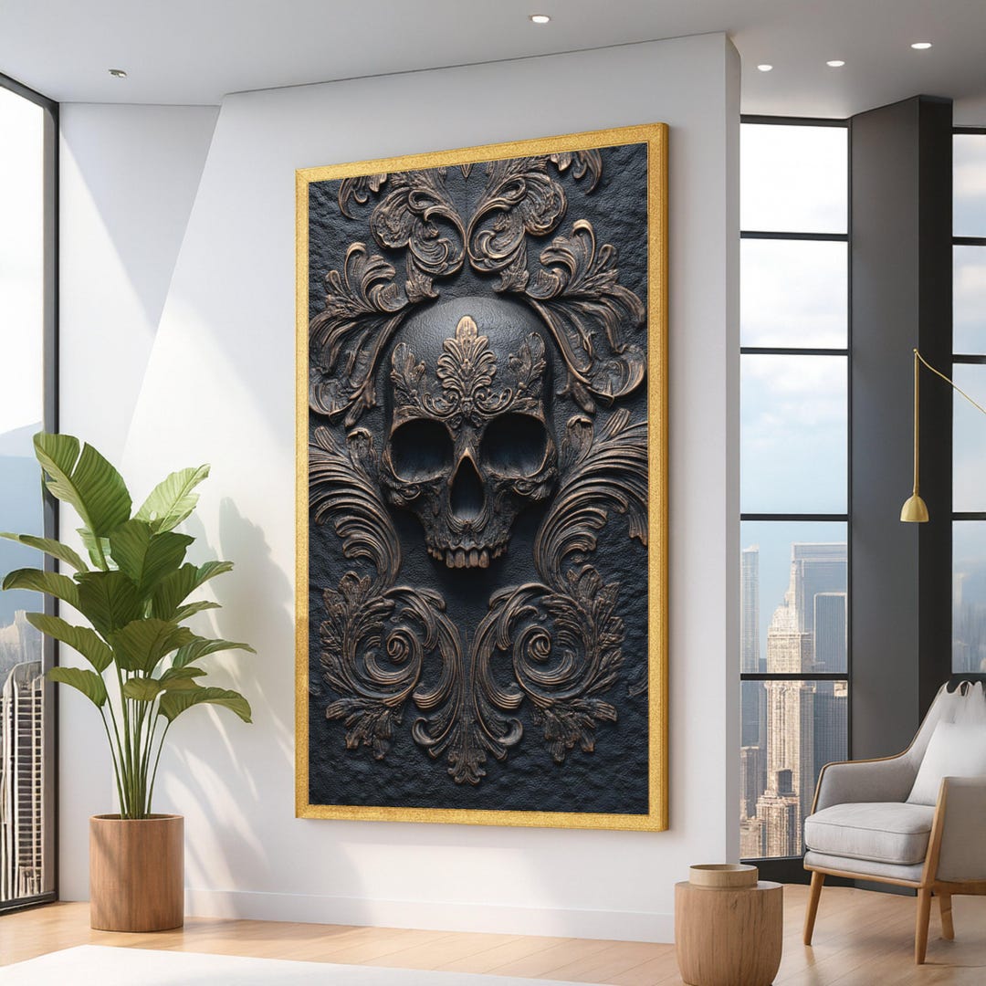 Ornate Skull Relief Canvas Wall Art, Gothic Dark Decor, Baroque Style ...