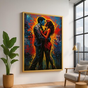 Lienzo de grafiti romántico urbano, arte callejero de pareja abrazada, arte de pared de amor colorido, lienzo de arte pop moderno, decoración del hogar lista para colgar.