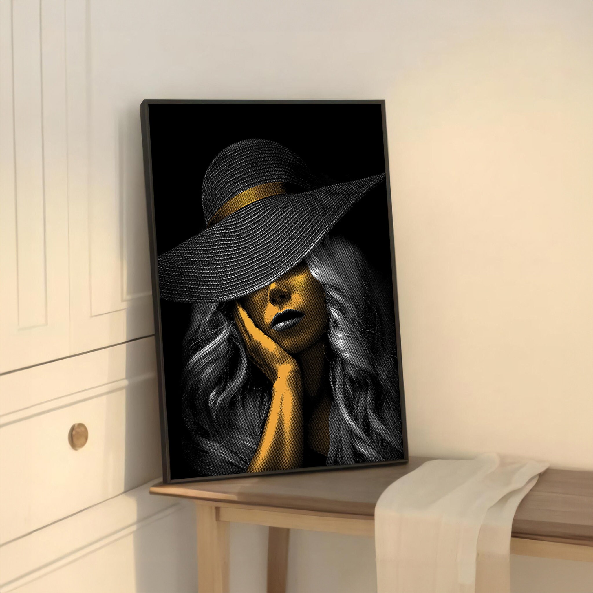 Elegant Woman in Black Hat Canvas Digital Print Art - Striking Gold and ...