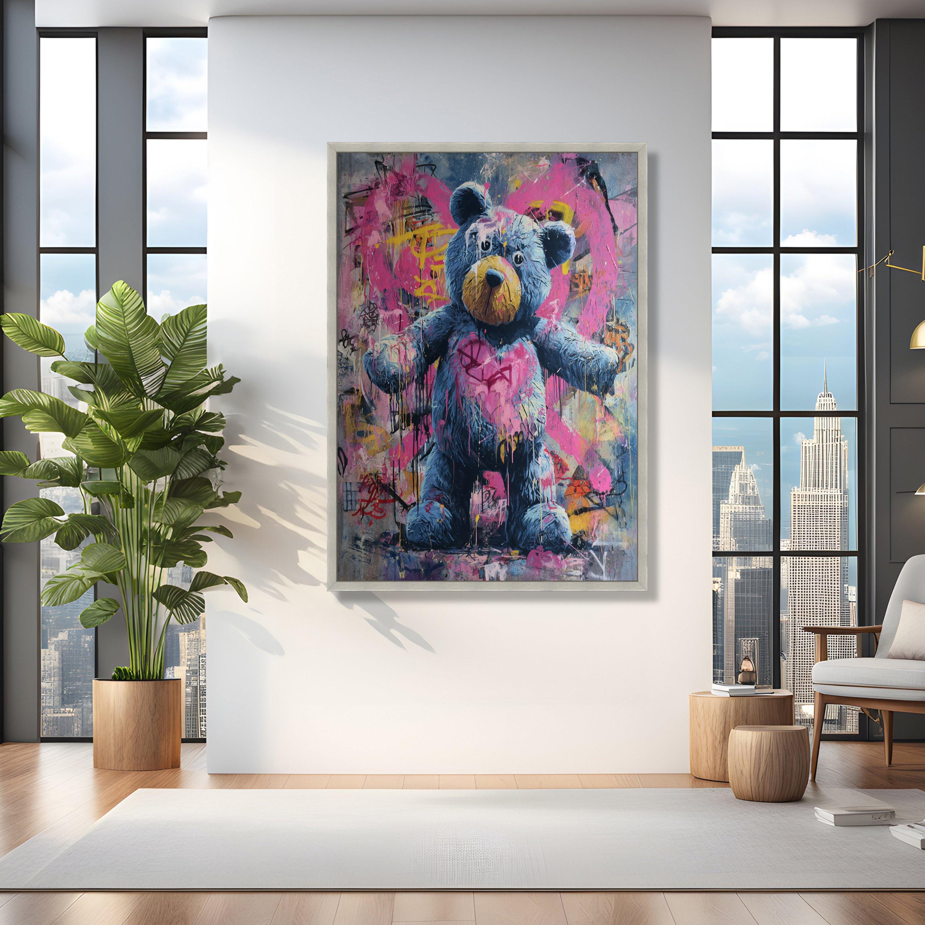 Graffiti Teddy Bear Canvas Wall Art, Urban Street Art Style, Colorful ...