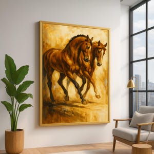 Majestic Horses Running Canvas, Brown Horse Wall Art, Equestrian Home Decor, Animal Painting Canvas, Rustic Nature Artwork