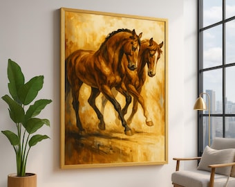 Majestic Horses Running Canvas, Brown Horse Wall Art, Equestrian Home Decor, Animal Painting Canvas, Rustic Nature Artwork