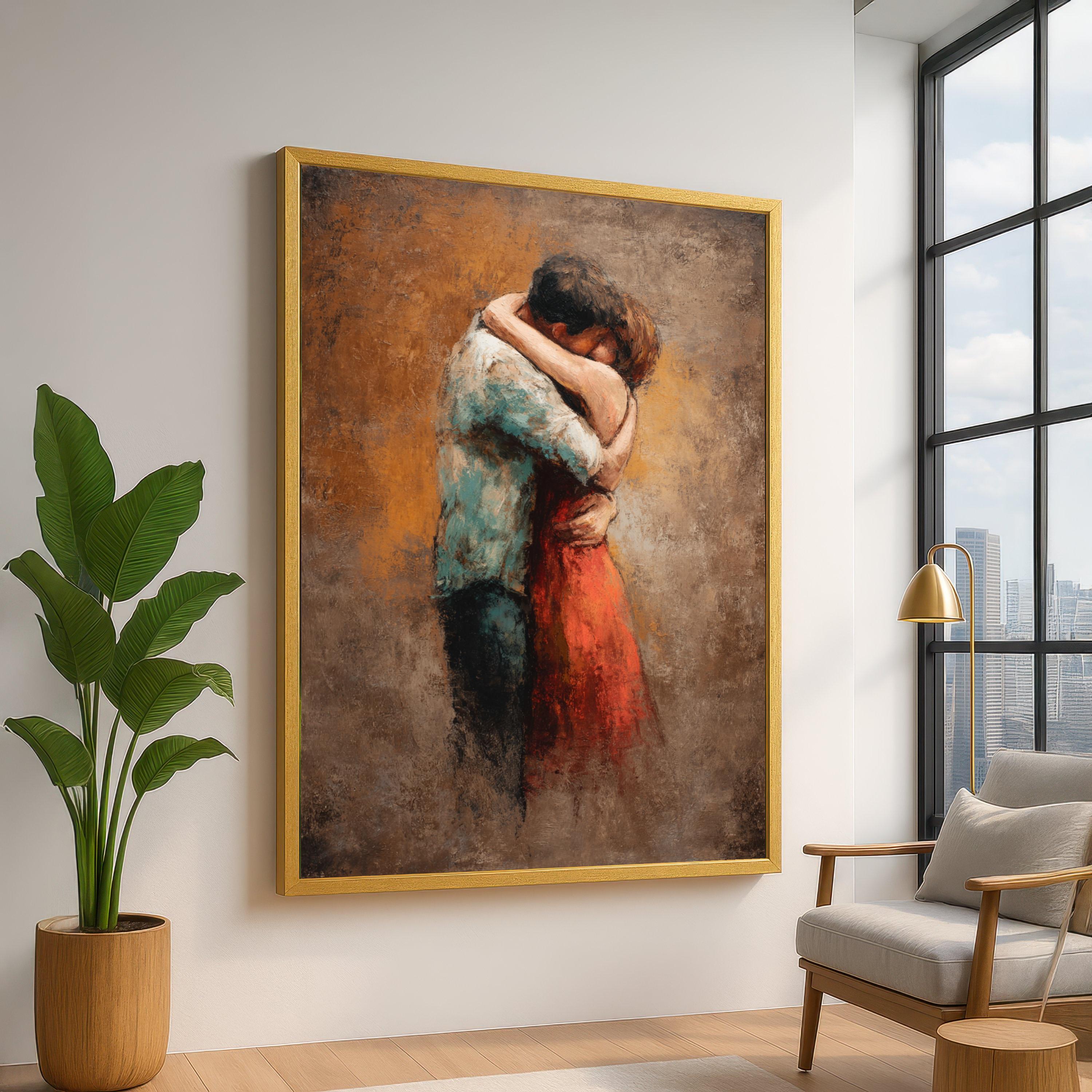 ロマンチックな抱擁のキャンバス壁アート、カップルのハグの絵画、親密
