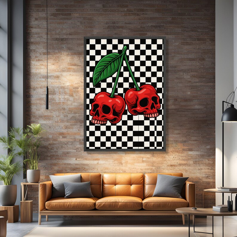 Cerezas de calavera roja audaces, lienzo con estampado de cuadros, decoración de pared vanguardista, diseño gráfico moderno, lienzo estilo pop art, listo para colgar imagen 2