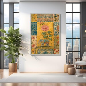 Vintage Indian Elephant Canvas Wall Art, Floral Pattern Canvas, Bohemian Style Home Decor, Traditional Textile Design Print, Colorful Wall image 4