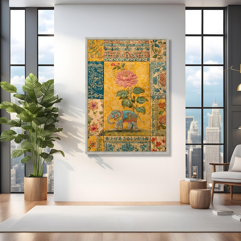 Vintage Indian Elephant Canvas Wall Art, Floral Pattern Canvas, Bohemian Style Home Decor, Traditional Textile Design Print, Colorful Wall image 4