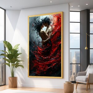 Passionate Embrace Couple Canvas, Abstract Red and Black Swirl Art, Romantic Wall Art, Sensual Home Decor, Contemporary Canvas image 1