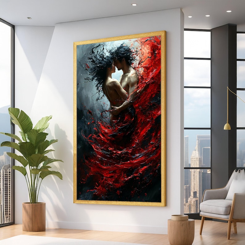 Passionate Embrace Couple Canvas, Abstract Red and Black Swirl Art, Romantic Wall Art, Sensual Home Decor, Contemporary Canvas image 1