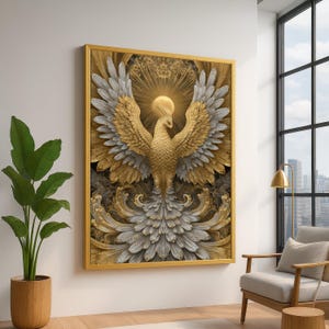 Majestic Phoenix Rising Canvas, Golden Silver Bird Wall Art, Mythical Creature Home Decor, Inspirational Abstract Canvas, Ready to Hang